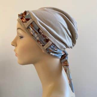 Landa Turban with Scarf - Stone - Blue and Brown scarf - A CANSA smart choice product