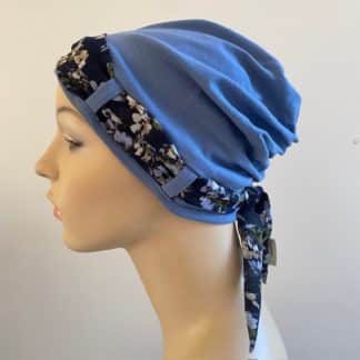 Landa Turban with Scarf - Denim Blue - Denim and Grey floral scarf - A CANSA smart choice product